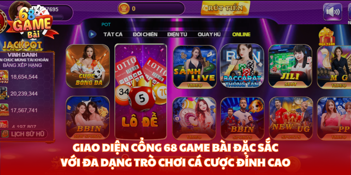 Giao diện cổng 68 Game Bài đặc sắc với đa dạng trò chơi cá cược đỉnh cao