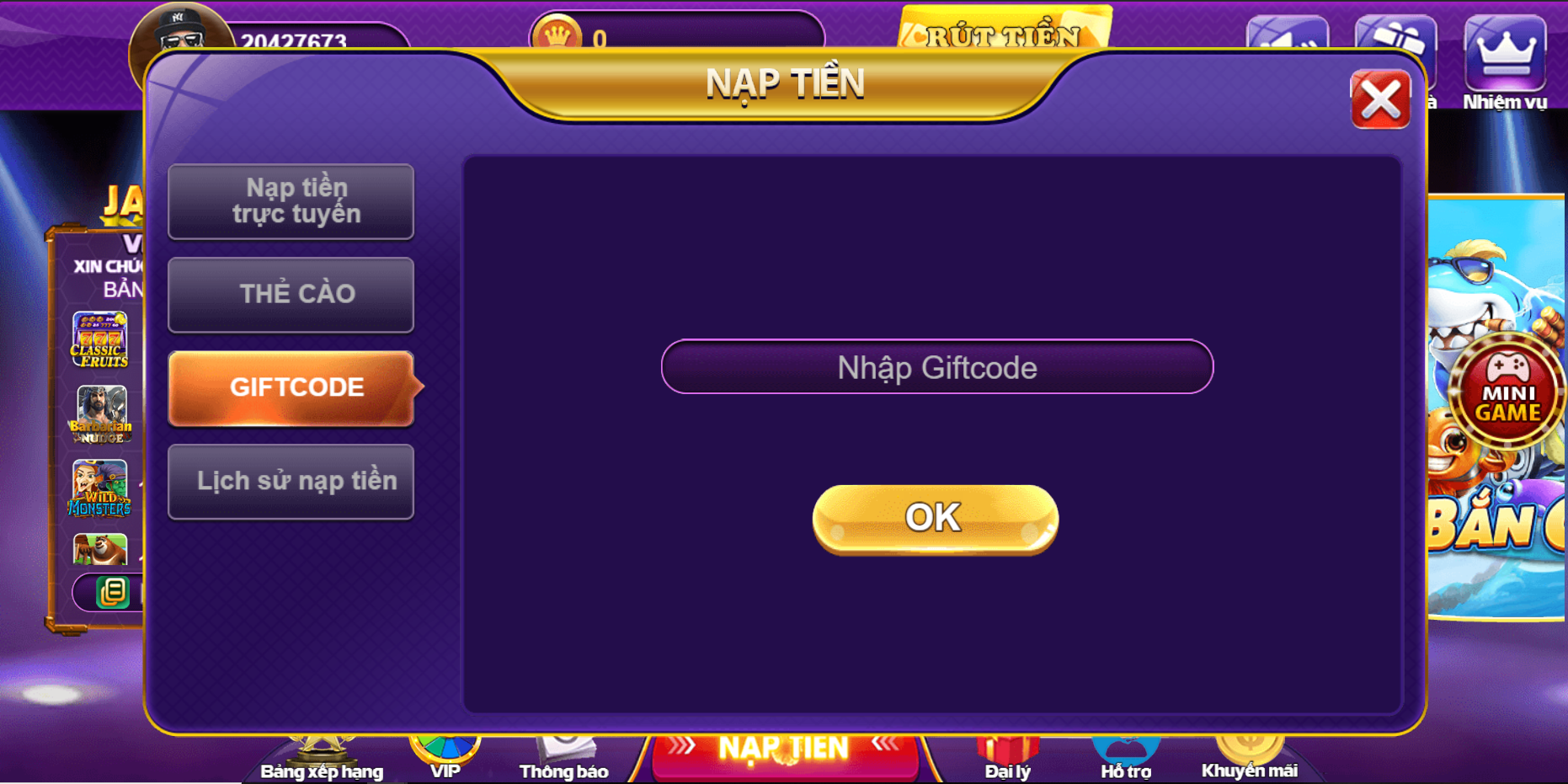 Hướng dẫn các bước nhập mã GIFTCODE 68 Game Bài